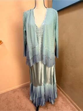 Komarov 2pc Chiffon Charmeuse Ombre Midi Dress Sheer Ruffled Jacket Set 3X